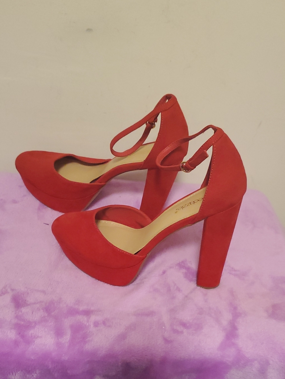 Shoe Dazzle Red Suede Ankle-Strap Platform Heels